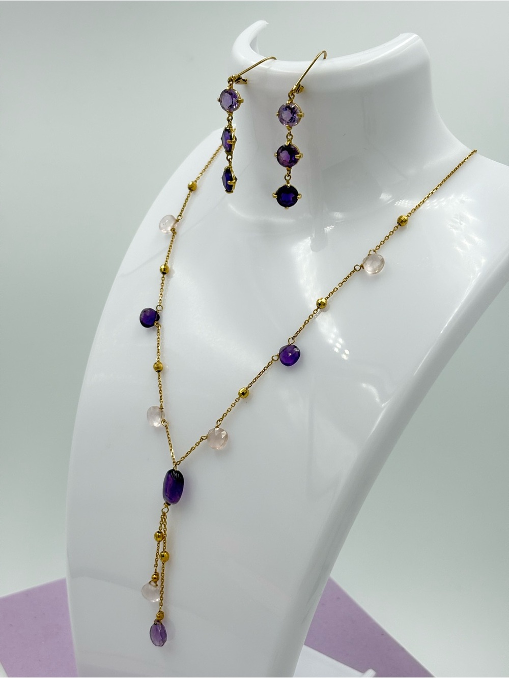 14K Yellow Gold Amethyst & Rose Quartz Briolette Lariat Necklace & Earrings Set